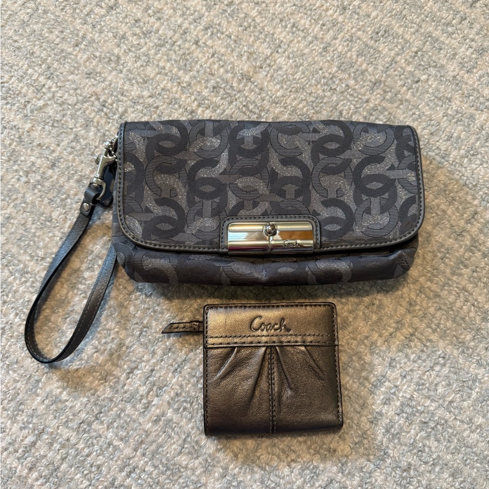 Coach Black and Gray Signature Wristlet/Clutch with small wallet